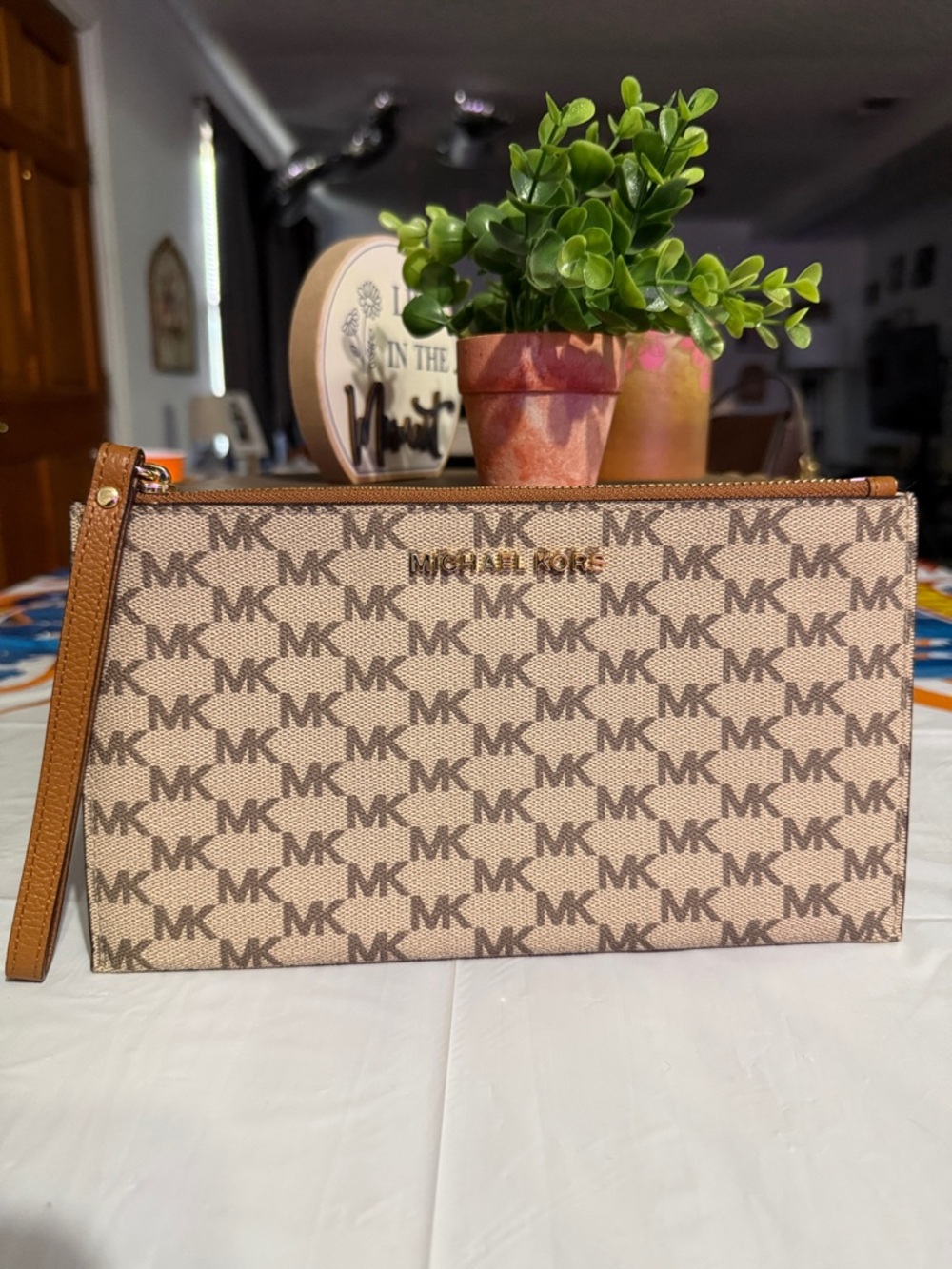 Michael Kors Beige and Brown Signature MK Wristlet